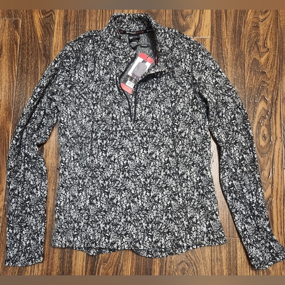 Spyder Active Black/White Fleece Quarter-Zip Pullover Log Sleeve Sz M NWT